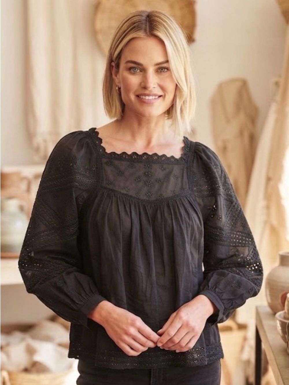 Anthropologie Black Lace-Trim Puff Sleeve Peasant Top